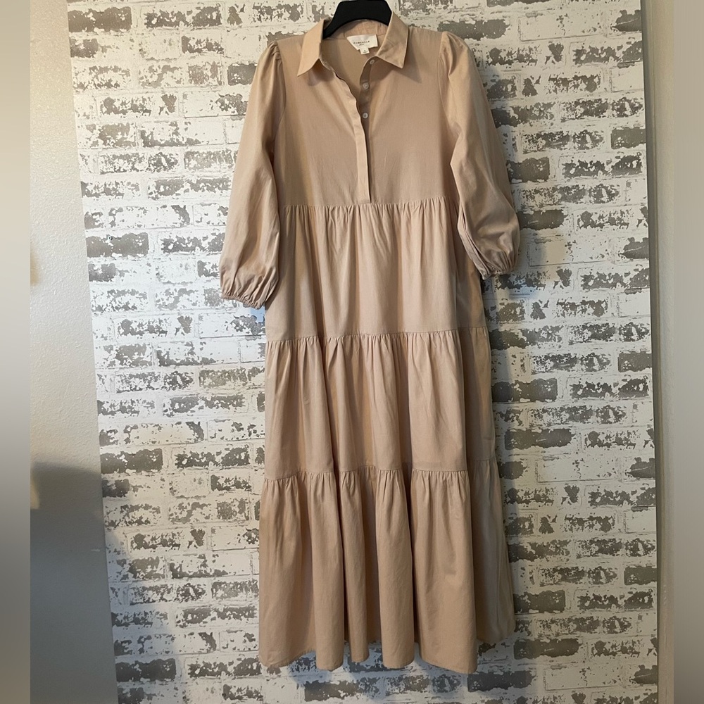 Pomander Place Neutral Tiered Midi Maxi Dress Minimalist Collared Puff sleeve S - Picture 3 of 7